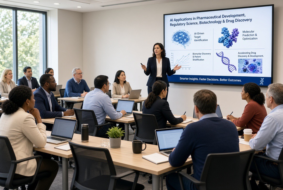 Instructor presenting on AI applications in pharmaceutical development to adult professionals in a training room