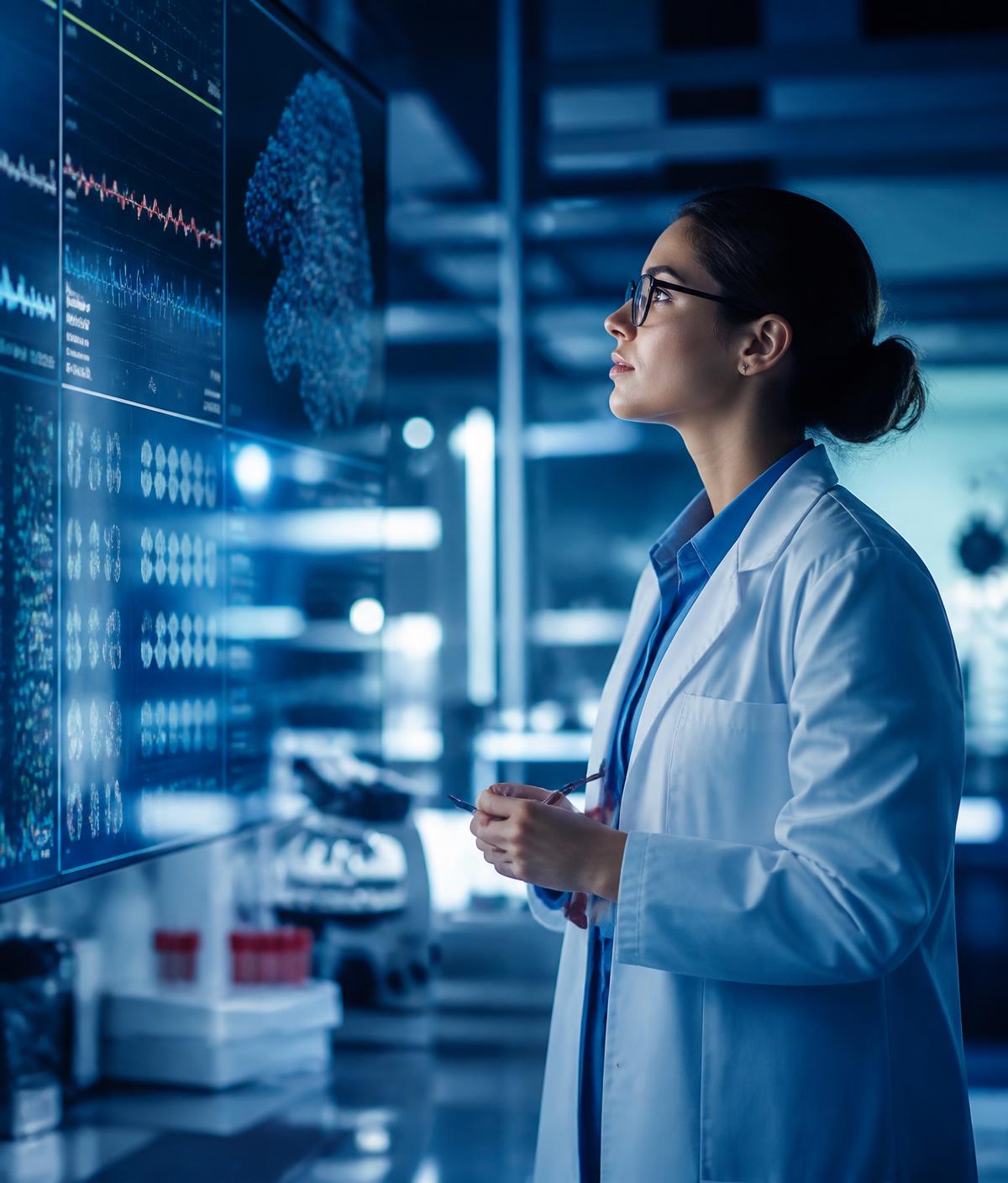Life sciences professional reviewing development data in a modern laboratory